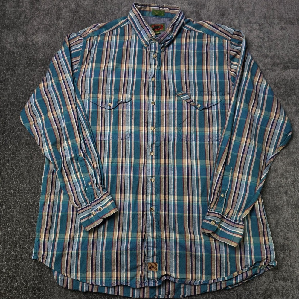 Vtg Boston Traders Flannel Shirt Mens 2XLT XXL Tall Blue Plaid Outdoor 90s 80s